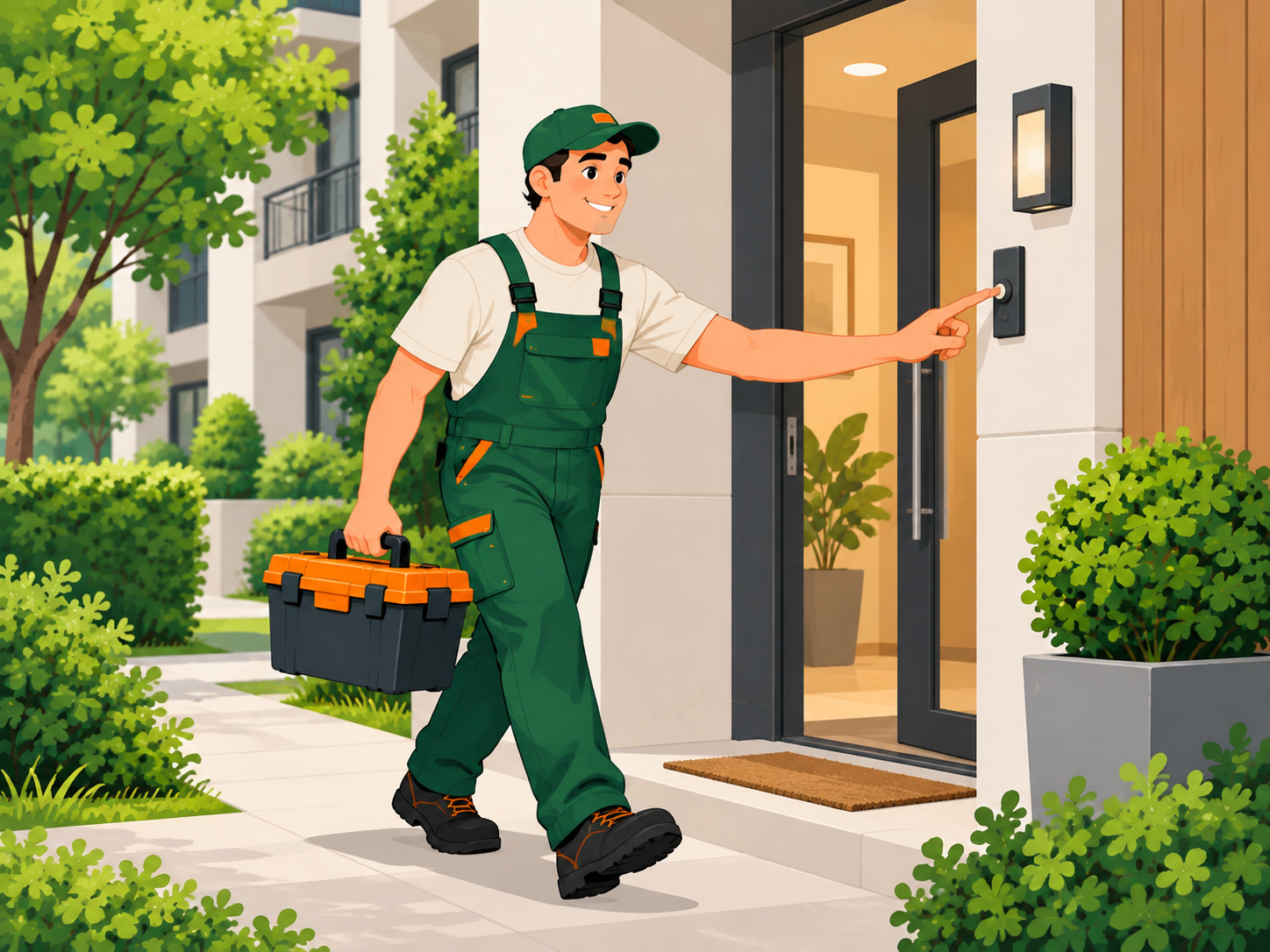 Працівник аварійної служби з інструментами біля будинку